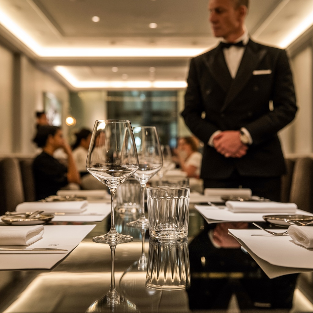 The elegant and sophisticated interior of a Michelin-starred restaurant.