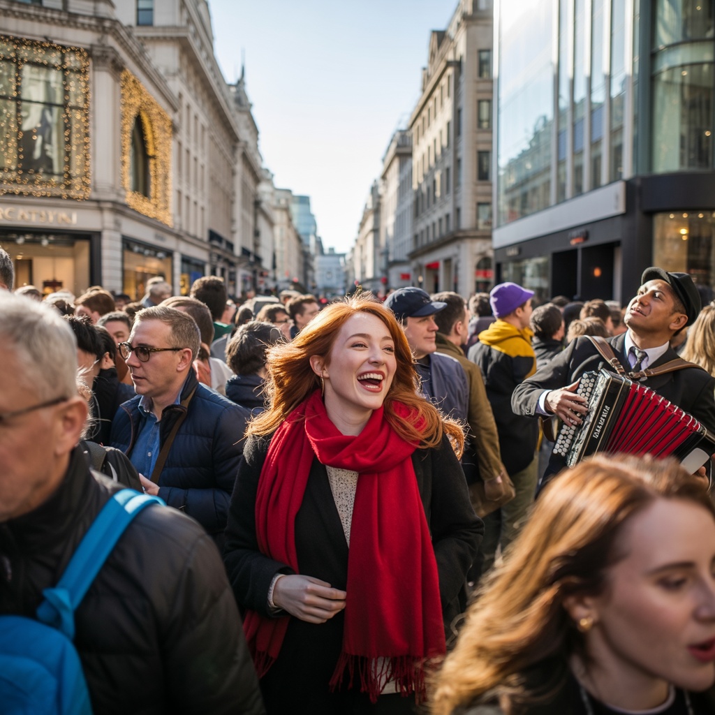 A busy shopping scene on Oxford Street, London.