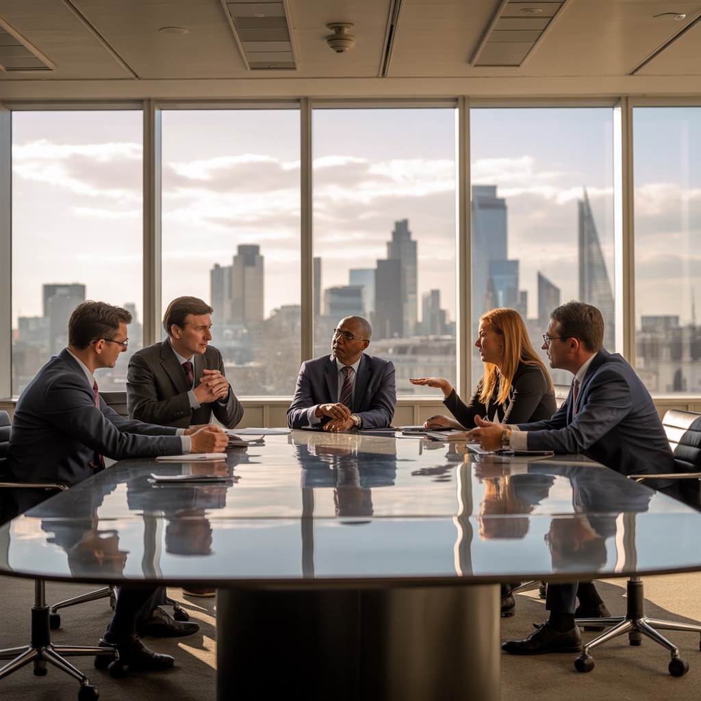 A professional corporate business meeting in a modern office.